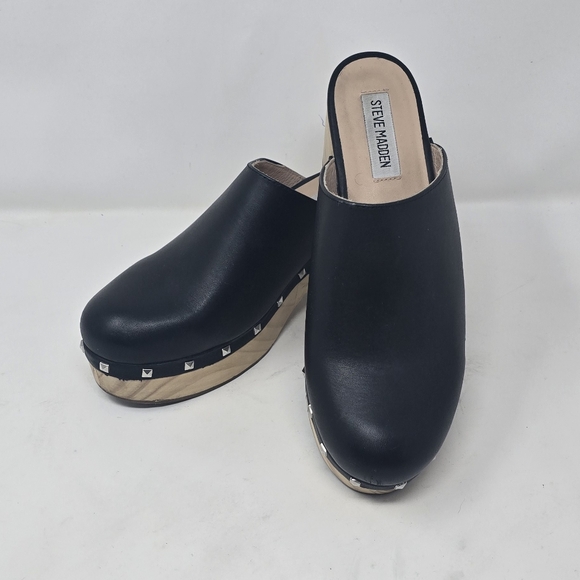 Steve Madden women 8 brooklyn-1 platform clogs mule black leather shoe studded - Picture 3 of 12